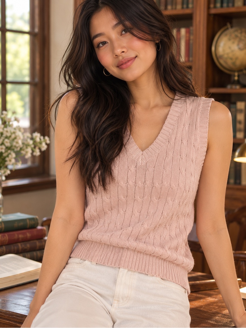 J. Galt John Galt Pink Cable Knit V-Neck Sweater Vest 100% Cotton